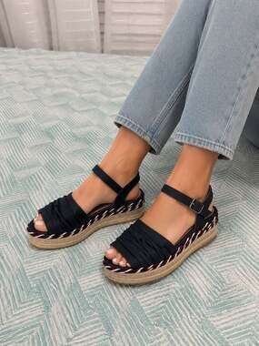 Castañer Navy Suede Ruffled Espadrille Platform Wedges
